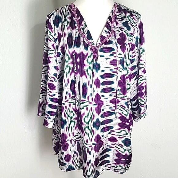 Jones New York Tops - Jones New York Purple, Green & White Print Top, Decorative Neckline, Size 1X